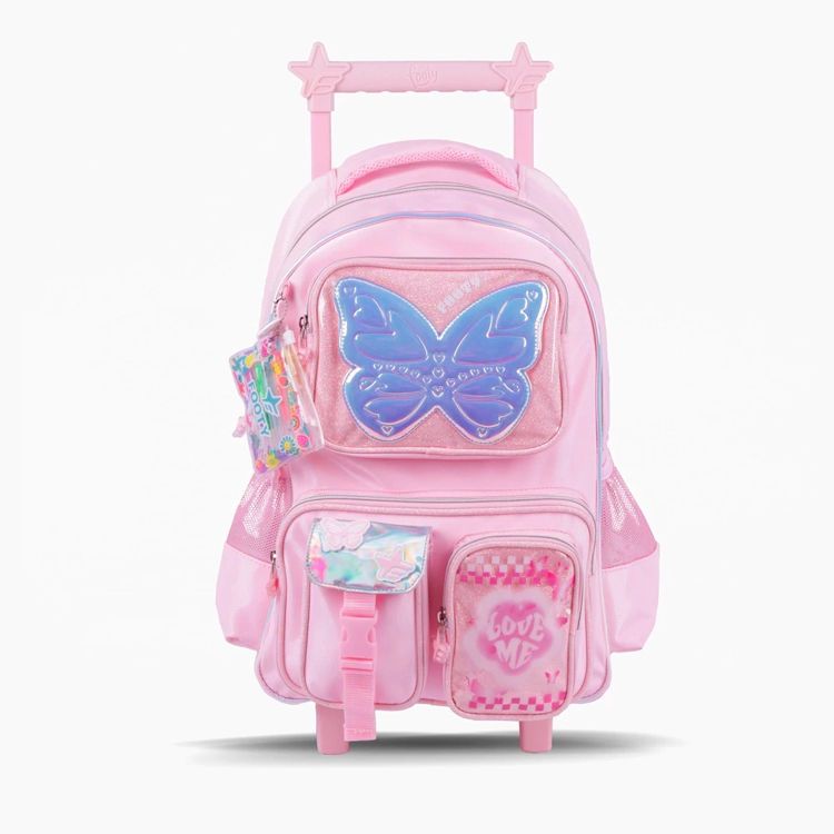 Mochila Escolar Footy 2026 Glow Fly Rosa 18" con carro Art.F26341